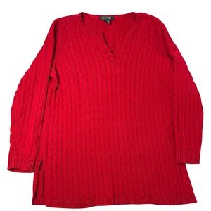 Lauren Ralph Lauren Cable Knit Sweater Womens 1X Red V Neck Tunic Classic Preppy
